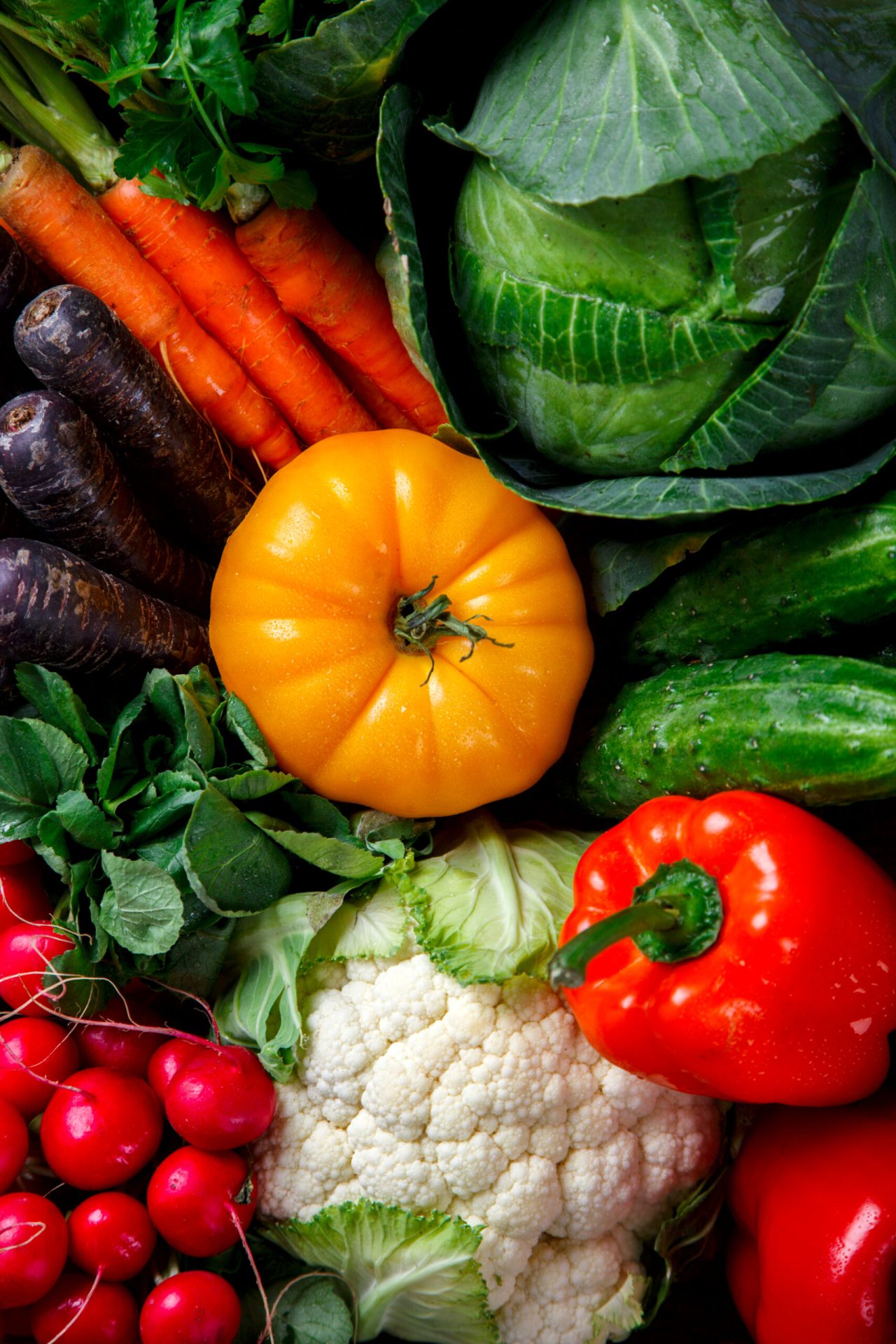 Big Basket with different Fresh Farm Vegetables. Harvest. Food o